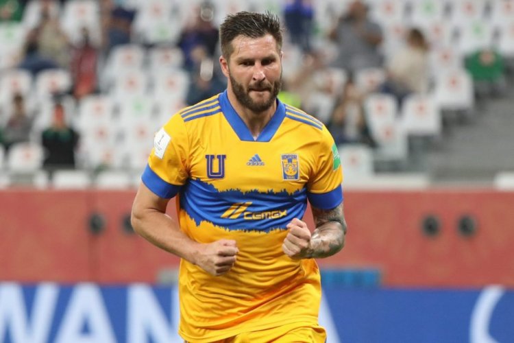 Tigres' forward Andre-Pierre Gignac celebrates his goal during the FIFA Club World Cup semi-final football match between Brazil's Palmeiras and Mexico's UANL Tigres at the Ahmed bin Ali Stadium in the Qatari city of Ar-Rayyan on February 7, 2021. (Photo by Karim JAAFAR / AFP) (Photo by KARIM JAAFAR/AFP via Getty Images)