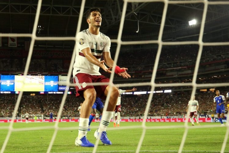 GLENDALE, ARIZONA - JULY 02:  Raul Jimenez #9 of Mexico reacts after a missed opportunity during the CONCACAF Gold Cup semi-final match against the Haiti at State Farm Stadium on July 02, 2019 in Glendale, Arizona. Mexico defeated Haiti 1-0 in overtime.  (Photo by Christian Petersen/Getty Images)