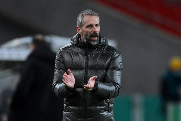 STUTTGART, GERMANY - FEBRUARY 03: Marco Rose, Head Coach of Borussia Monchengladbach applauds during the DFB Cup Round of Sixteen match between VfB Stuttgart and Borussia Mönchengladbach at Mercedes-Benz Arena on February 03, 2021 in Stuttgart, Germany. Sporting stadiums around Germany remain under strict restrictions due to the Coronavirus Pandemic as Government social distancing laws prohibit fans inside venues resulting in games being played behind closed doors. (Photo by Matthias Hangst/Getty Images)