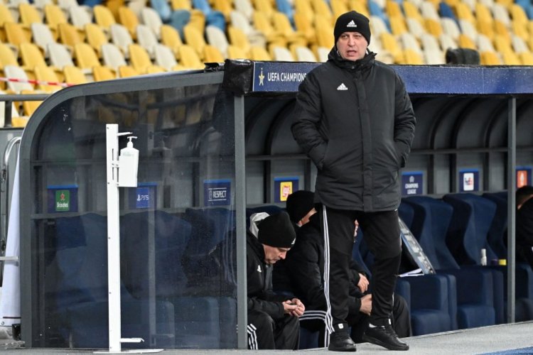 Sheriff's Ukrainian coach Yuriy Vernydub looks on before the UEFA Champions League group D football match between Shakhtar Donetsk and Sheriff at the Olympic Stadium in Kiev on December 7, 2021. (Photo by GENYA SAVILOV / AFP) (Photo by GENYA SAVILOV/AFP via Getty Images)