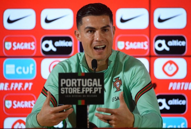 Portugal's forward Cristiano Ronaldo holds a press conference at the Dragao stadium in Porto on March 28, 2022 on the eve of the World Cup 2022 qualifying final first leg football match between Portugal and North Macedonia. (Photo by MIGUEL RIOPA / AFP) (Photo by MIGUEL RIOPA/AFP via Getty Images)