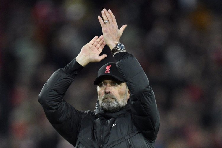 Liverpool's German manager Jurgen Klopp applauds at the end of the UEFA Champions League semi-final first leg football match between Liverpool and Villarreal, at the Anfield Stadium, in Liverpool, on April 27, 2022. - Liverpool beats Villarreal 2-0. (Photo by Oli SCARFF / AFP) (Photo by OLI SCARFF/AFP via Getty Images)