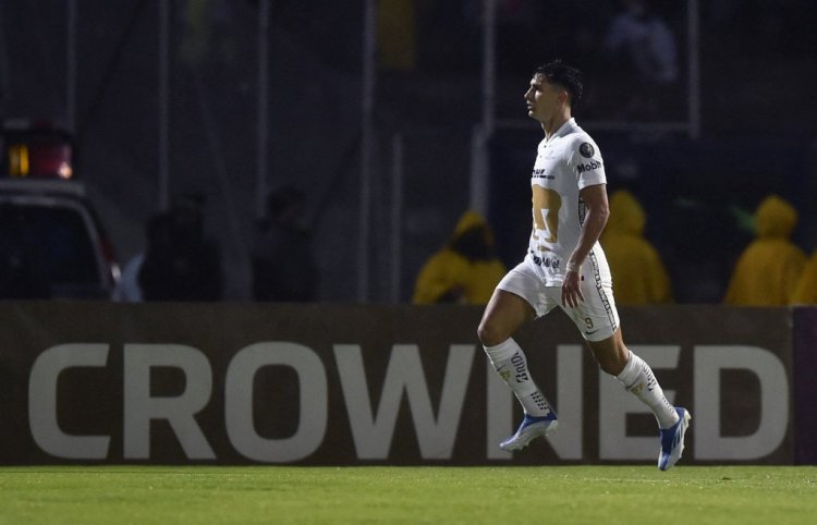 Pumas' Argentinian forward Juan Dinenno celebrates his goal against the Seattle Sounders during their first leg match of the CONCACAF Champions League final at the Olimipico Universitario in Mexico City, on April 27, 2022. (Photo by ALFREDO ESTRELLA / AFP) (Photo by ALFREDO ESTRELLA/AFP via Getty Images)