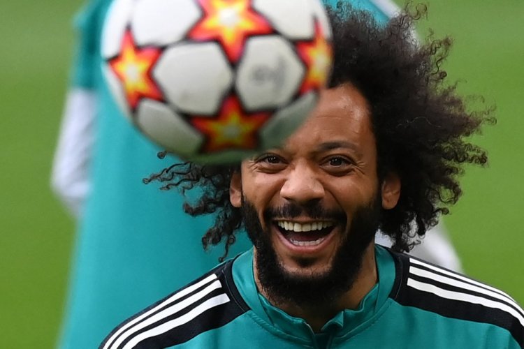 Real Madrid's Brazilian defender Marcelo takes part in a training session at Stamford Bridge in London on April 5, 2022, on the eve of the of their UEFA Champions League first leg quarter-final football match against Chelsea. (Photo by Glyn KIRK / AFP) (Photo by GLYN KIRK/AFP via Getty Images)