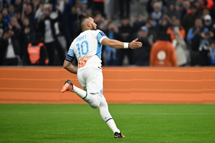 Marseille's French midfielder Dimitri Payet celebrates scoring his team's second goal during the French L1 football match between Marseille and Nantes at the Velodrome stadium in Marseille on April 20, 2022. (Photo by Christophe SIMON / AFP) (Photo by CHRISTOPHE SIMON/AFP via Getty Images)