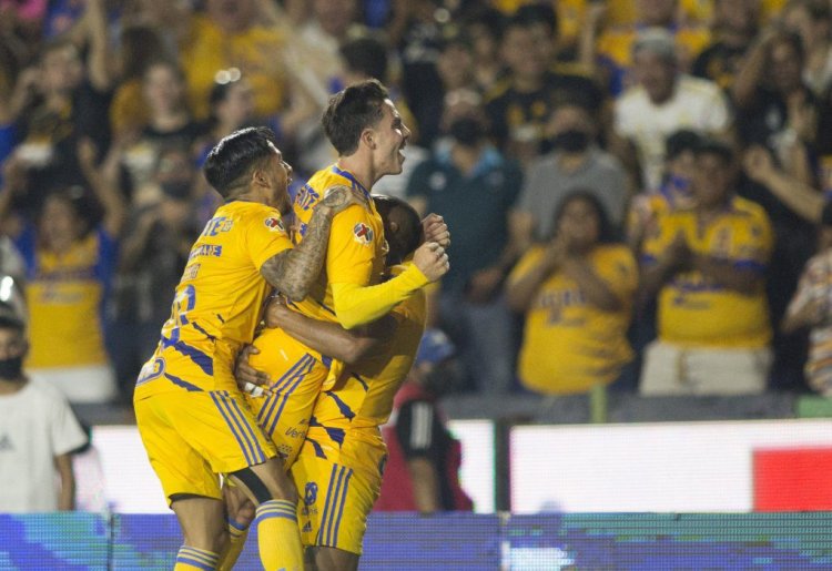 Tigres' Sebastian Cordova (C) celebrates after scoring against Toluca during the Mexican Clausura 2022 football tournament match at the Universitario stadium in Monterrey, Mexico, on April 16, 2022. (Photo by Julio Cesar AGUILAR / AFP) (Photo by JULIO CESAR AGUILAR/AFP via Getty Images)
