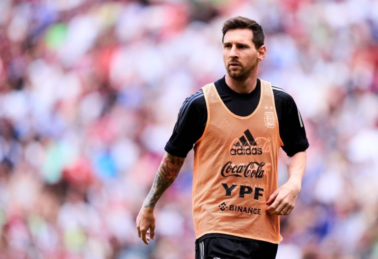 BILBAO, SPAIN - MAY 28: Lionel Messi of Argentina looks on during a training session at San Mames Stadium Camp on May 28, 2022 in Bilbao, Spain. Argentina will face Italy in Wembley on June 1 as part of the Finalissima Trophy. (Photo by Juan Manuel Serrano Arce/Getty Images)