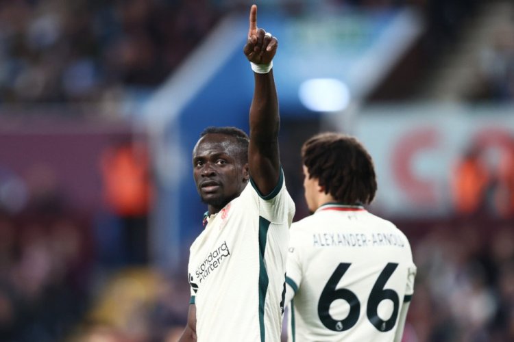 BIRMINGHAM, ENGLAND - MAY 10: Sadio Mane of Liverpool celebrates after scoring their team's second goal during the Premier League match between Aston Villa and Liverpool at Villa Park on May 10, 2022 in Birmingham, England. (Photo by Naomi Baker/Getty Images)