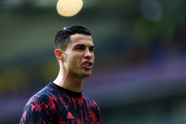 BRIGHTON, ENGLAND - MAY 07: Cristiano Ronaldo of Manchester United looks on during warm up for the Premier League match between Brighton & Hove Albion and Manchester United at American Express Community Stadium on May 07, 2022 in Brighton, England. (Photo by Bryn Lennon/Getty Images)