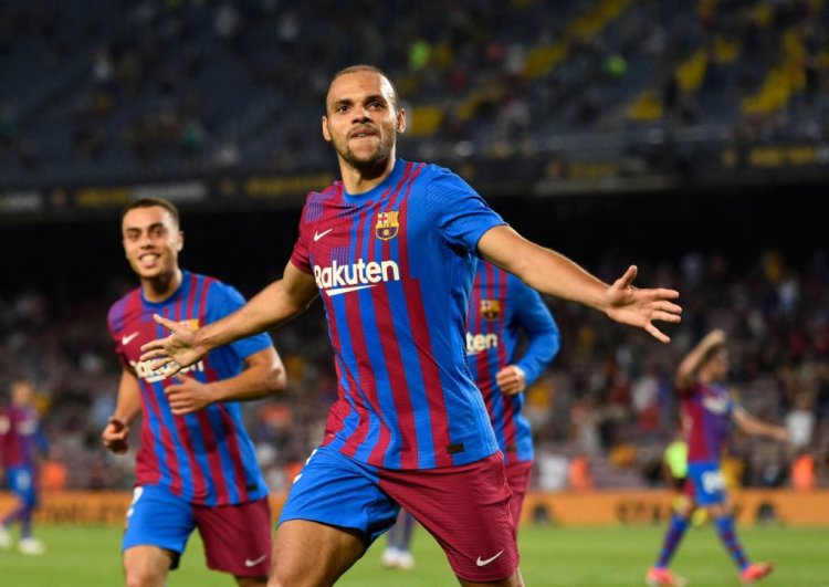 Barcelona's Danish forward Martin Braithwaite celebrates after scoring his second goal during the Spanish League football match between Barcelona and Real Sociedad at the Camp Nou stadium in Barcelona on August 15, 2021. (Photo by Josep LAGO / AFP) (Photo by JOSEP LAGO/AFP via Getty Images)