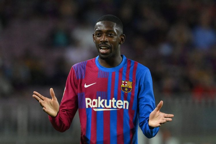 Barcelona's French forward Ousmane Dembele reacts during the Spanish league football match between FC Barcelona and RC Celta de Vigo at the Camp Nou stadium in Barcelona on May 10, 2022. (Photo by LLUIS GENE / AFP) (Photo by LLUIS GENE/AFP via Getty Images)