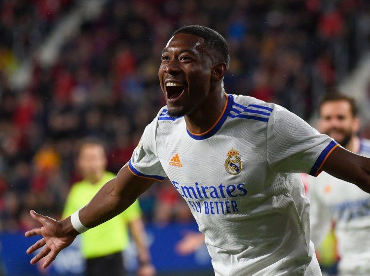 Real Madrid's Austrian defender David Alaba celebrates after scoring his team's first goal during the Spanish League football match between CA Osasuna and Real Madrid CF at El Sadar stadium in Pamplona on April 20, 2022. (Photo by ANDER GILLENEA / AFP) (Photo by ANDER GILLENEA/AFP via Getty Images)