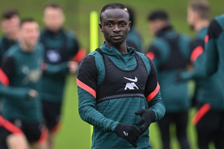 Liverpool's Senegalese striker Sadio Mane reacst during a training session at the Liverpool FC training ground in Liverpool, north west England, on April 4, 2022, on the eve of their UEFA Champions League quater final leg 1 football match against Benfica. (Photo by Paul ELLIS / AFP) (Photo by PAUL ELLIS/AFP via Getty Images)