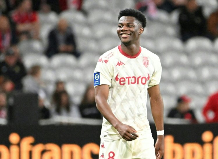 Monaco's midfielder Aurelien Tchouameni celebrates after scoring during the French L1 football match between Lille OSC and AS Monaco at the Pierre Mauroy Stadium in Villeneuve d'Ascq, northern France on May 6, 2022. (Photo by DENIS CHARLET / AFP) (Photo by DENIS CHARLET/AFP via Getty Images)