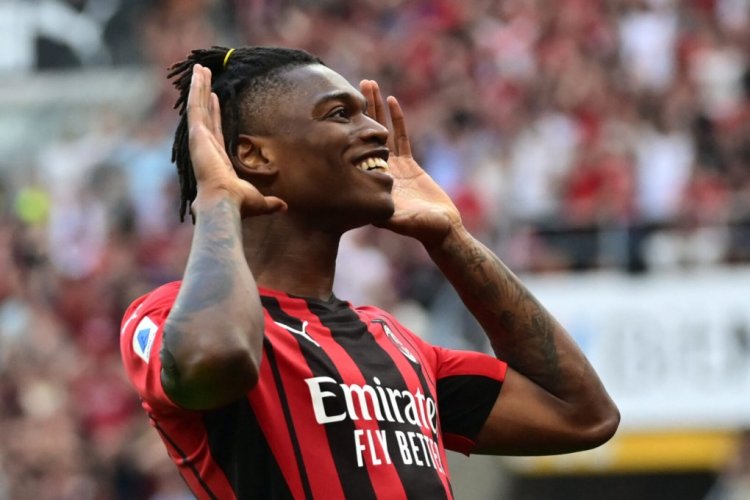 AC Milan's Portuguese forward Rafael Leao reacts after scoring the first goal of the match during the Italian Serie A football match between AC Milan and Atalanta Bergamo at the San Siro stadium in Milan on May 15, 2022. (Photo by MIGUEL MEDINA / AFP) (Photo by MIGUEL MEDINA/AFP via Getty Images)