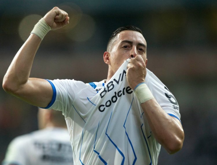 Monterrey's Rogelio Funes Mori celebrates after scoring against Pachuca during the Mexican Apertura 2021 tournament football match at the BBVA Bancomer stadium in Monterrey, Mexico, on August 14, 2021. (Photo by Julio Cesar AGUILAR / AFP) (Photo by JULIO CESAR AGUILAR/AFP via Getty Images)