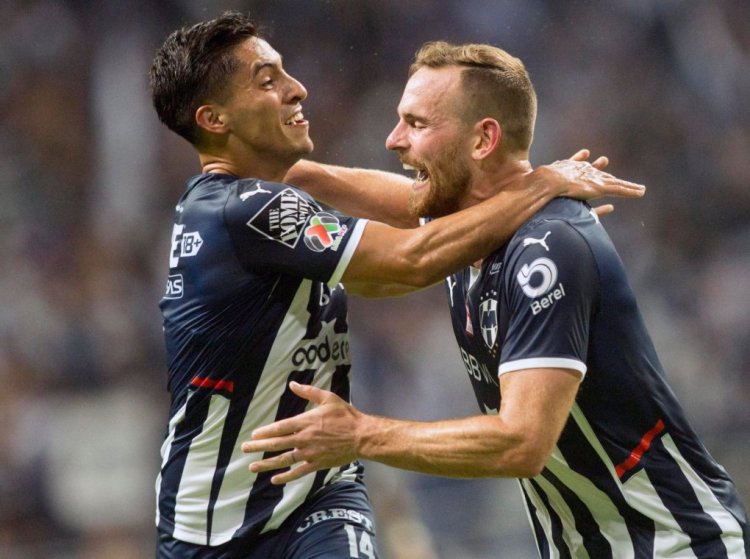 Monterrey's Vincent Janssen (R) celebrates after scoring against Tijuana during the Mexican Clausura 2022 Tournament football match at the BBVA Bancomer stadium in Monterrey, Mexico, on April 30, 2022. (Photo by Julio Cesar AGUILAR / AFP) (Photo by JULIO CESAR AGUILAR/AFP via Getty Images)