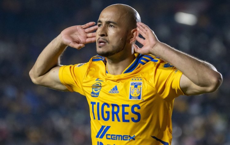 Tigres' Carlos Gonzalez celebrates after scoring against San Luis during their Mexican Clausura 2022 tournament football match at Universitario Stadium in Monterrey, Mexico, on February 19, 2022. (Photo by Julio Cesar AGUILAR / AFP) (Photo by JULIO CESAR AGUILAR/AFP via Getty Images)