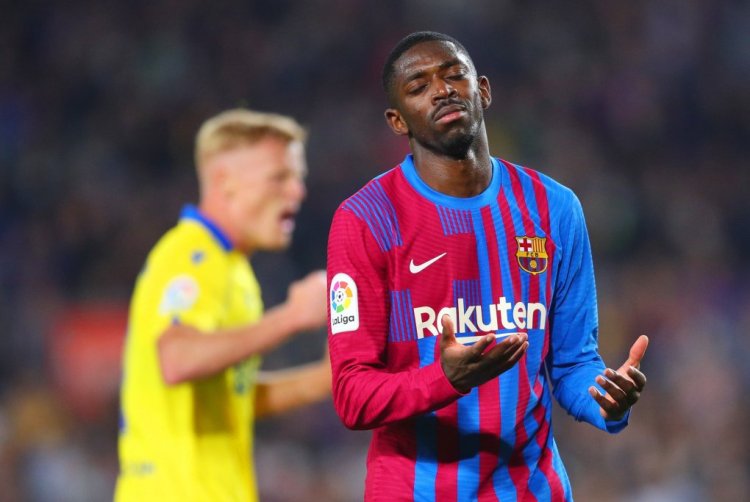 BARCELONA, SPAIN - APRIL 18: Ousmane Dembele of Barcelona reacts during the LaLiga Santander match between FC Barcelona and Cadiz CF at Camp Nou on April 18, 2022 in Barcelona, Spain. (Photo by Eric Alonso/Getty Images)