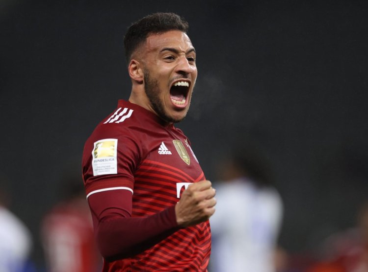 BERLIN, GERMANY - JANUARY 23: Corentin Tolisso of Muenchen celebrates scoring his goal during the Bundesliga match between Hertha BSC and FC Bayern München at Olympiastadion on January 23, 2022 in Berlin, Germany. (Photo by Maja Hitij/Getty Images)