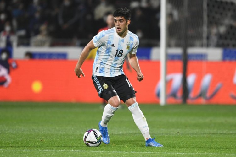 KITAKYUSHU, JAPAN - MARCH 29: Juan Brunetta of Argentina in action during the U-24 international friendly match between Japan and Argentina at the Kitakyushu Stadium on March 29, 2021 in Kitakyushu, Fukuoka, Japan. (Photo by Masashi Hara/Getty Images)