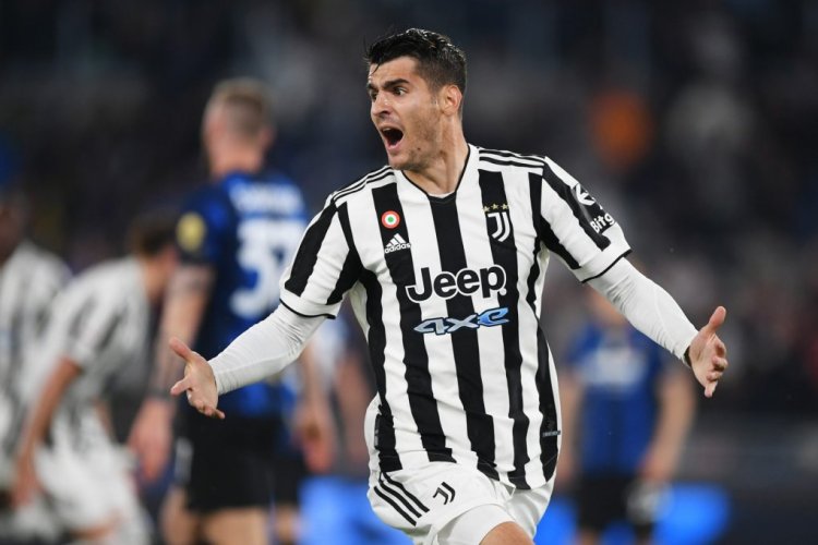 ROME, ITALY - MAY 11: Alvaro Morata of Juventus celebrates after scoring their side's first goal during the Coppa Italia Final match between Juventus and FC Internazionale at Stadio Olimpico on May 11, 2022 in Rome, Italy. (Photo by Francesco Pecoraro/Getty Images)