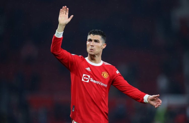 MANCHESTER, ENGLAND - MAY 02: Cristiano Ronaldo of Manchester United interacts with the crowd after the final whistle of  the Premier League match between Manchester United and Brentford at Old Trafford on May 02, 2022 in Manchester, England. (Photo by Catherine Ivill/Getty Images)
