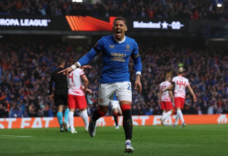 GLASGOW, SCOTLAND - MAY 05: James Tavernier of Rangers celebrates after scoring their sides first goal during the UEFA Europa League Semi Final Leg Two match between Rangers and RB Leipzig at Ibrox Stadium on May 05, 2022 in Glasgow, Scotland. (Photo by Ian MacNicol/Getty Images)