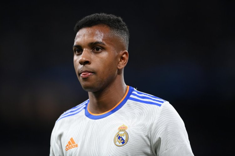 MADRID, SPAIN - MAY 04: Rodrygo Goes of Real Madrid looks on during the UEFA Champions League Semi Final Leg Two match between Real Madrid and Manchester City at Estadio Santiago Bernabeu on May 04, 2022 in Madrid, Spain. (Photo by Michael Regan/Getty Images)