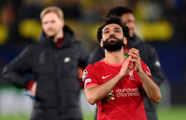VILLARREAL, SPAIN - MAY 03: Mohamed Salah of Liverpool applauds the fans after their sides victory during the UEFA Champions League Semi Final Leg Two match between Villarreal and Liverpool at Estadio de la Ceramica on May 03, 2022 in Villarreal, Spain. (Photo by David Ramos/Getty Images)