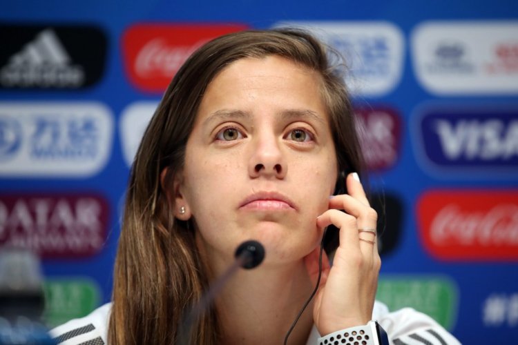 LE HAVRE, FRANCE - JUNE 13: Ruth Bravo reacts during an Argentina press conference during the 2019 FIFA Women's World Cup France at Stade Oceane on June 13, 2019 in Le Havre, France. (Photo by Alex Grimm/Getty Images)