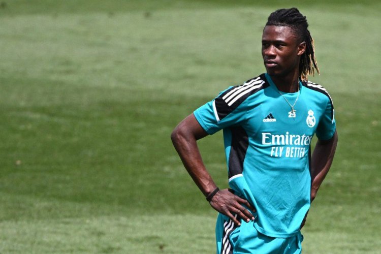 Real Madrid's French midfielder Eduardo Camavinga attends a training session at the Ciudad Real Madrid in the Madrid's suburb of Valdebebas during the club's Media Day on May 24, 2022 ahead of their UEFA Champions League final match against Liverpool. (Photo by GABRIEL BOUYS / AFP) (Photo by GABRIEL BOUYS/AFP via Getty Images)