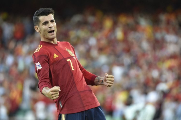 Spain's forward Alvaro Morata celebrates scoring the opening goal during the UEFA Nations League, league A group 2 football match between Spain and Portugal, at the Benito Villamarin stadium in Seville on June 2, 2022. (Photo by CRISTINA QUICLER / AFP) (Photo by CRISTINA QUICLER/AFP via Getty Images)