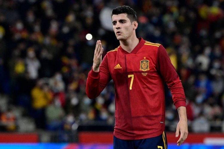 Spain's forward Alvaro Morata celebrates after scoring a goal during the friendly football match between Spain and Iceland at the Municipal de Riazor stadium in La Coruna on March 29, 2022. (Photo by JAVIER SORIANO / AFP) (Photo by JAVIER SORIANO/AFP via Getty Images)