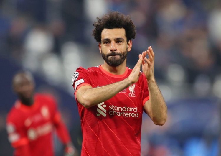 PARIS, FRANCE - MAY 28: Mohamed Salah of Liverpool applauds fans following their sides defeat after the UEFA Champions League final match between Liverpool FC and Real Madrid at Stade de France on May 28, 2022 in Paris, France. (Photo by Catherine Ivill/Getty Images)