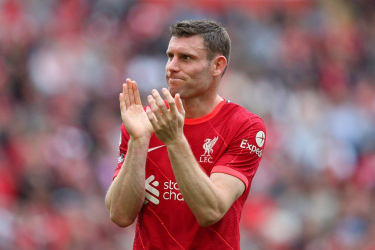 LIVERPOOL, ENGLAND - MAY 22: James Milner of Liverpool applauds fans after the Premier League match between Liverpool and Wolverhampton Wanderers at Anfield on May 22, 2022 in Liverpool, England. (Photo by Alex Livesey/Getty Images)