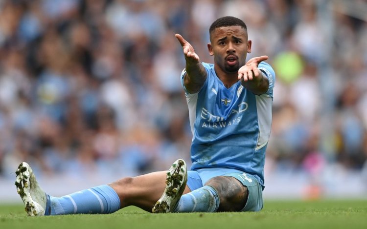 MANCHESTER, ENGLAND - MAY 22: Manchester City player Gabriel Jesus reacts after being fouled during the Premier League match between Manchester City and Aston Villa at Etihad Stadium on May 22, 2022 in Manchester, England. (Photo by Stu Forster/Getty Images)
