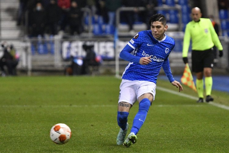 Genk's Gerardo Arteaga pictured in action during a game between Belgian soccer team KRC Genk and Austrian soccer team SK Rapid Wien, Thursday 09 December 2021, in Genk, in the group H of the Europa League group stage, on the sixth and last day. BELGA PHOTO JOHAN EYCKENS (Photo by JOHAN EYCKENS/BELGA MAG/AFP via Getty Images)