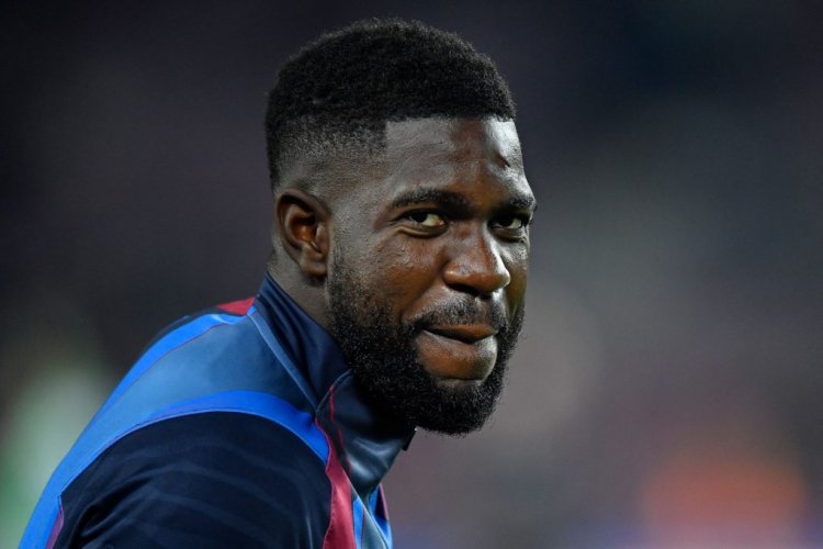 Barcelona's French defender Samuel Umtiti warms up before the Spanish league football match between FC Barcelona and Elche CF at the Camp Nou stadium in Barcelona on December 18, 2021. (Photo by Pau BARRENA / AFP) (Photo by PAU BARRENA/AFP via Getty Images)