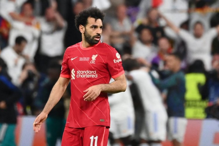 Liverpool's Egyptian midfielder Mohamed Salah reacts after Real Madrid's Brazilian striker Vinicius Junior (not seen scored Real Madrid's first goal during the UEFA Champions League final football match between Liverpool and Real Madrid at the Stade de France in Saint-Denis, north of Paris, on May 28, 2022. (Photo by FRANCK FIFE / AFP) (Photo by FRANCK FIFE/AFP via Getty Images)