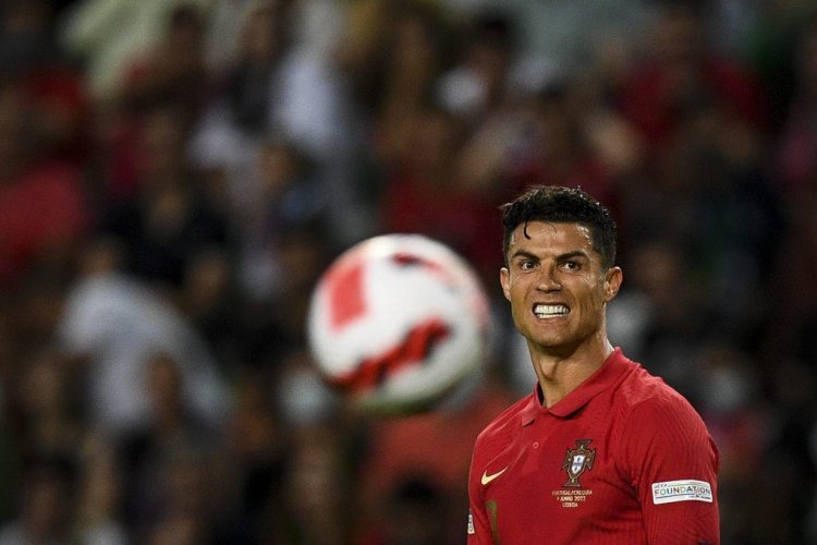 Portugal's forward Cristiano Ronaldo reacts during the UEFA Nations League, league A group 2 football match between Portugal and Czech Republic at the Jose Alvalade stadium in Lisbon on June 9, 2022. (Photo by PATRICIA DE MELO MOREIRA / AFP) (Photo by PATRICIA DE MELO MOREIRA/AFP via Getty Images)