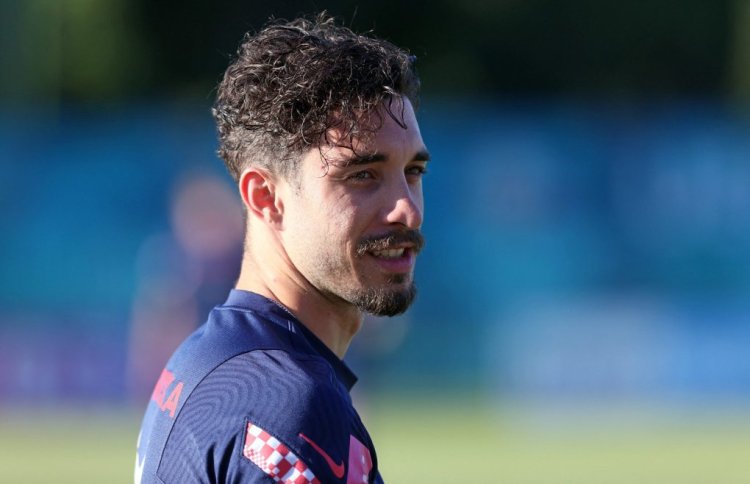 Croatia's defender Sime Vrsaljko looks on during a training session at the Rovinj Stadium in Rovinj on June 25, 2021 during the UEFA EURO 2020 football competition. (Photo by Damir SENCAR / AFP) (Photo by DAMIR SENCAR/AFP via Getty Images)
