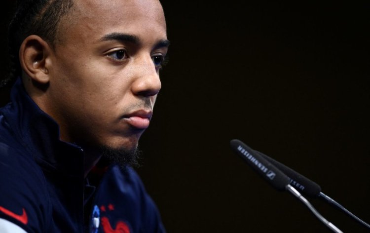 France's defender Jules Kounde gives a press conference  in Clairefontaine-en-Yvelines on November 11, 2021 as part of the team's preparation for the upcoming 2022 World Cup qualifying matches. (Photo by FRANCK FIFE / AFP) (Photo by FRANCK FIFE/AFP via Getty Images)
