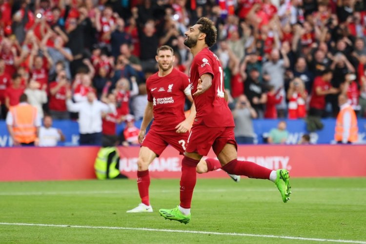 LEICESTER, ENGLAND - JULY 30: Mohamed Salah of Liverpool celebrates scoring their side's second goal from a penalty, following a VAR Review confirms a handball by Ruben Dias of Manchester City ( not pictured ), during The FA Community Shield between Manchester City and Liverpool FC at The King Power Stadium on July 30, 2022 in Leicester, England. (Photo by Mike Hewitt/Getty Images)