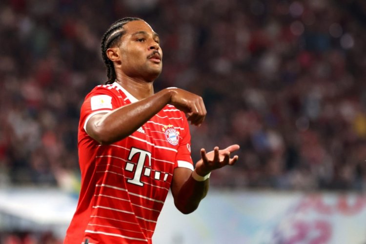LEIPZIG, GERMANY - JULY 30: Serge Gnabry of Bayern Munich celebrates scoring their side's fourth goal during the Supercup 2022 match between RB Leipzig and FC Bayern München at Red Bull Arena on July 30, 2022 in Leipzig, Germany. (Photo by Alexander Hassenstein/Getty Images)