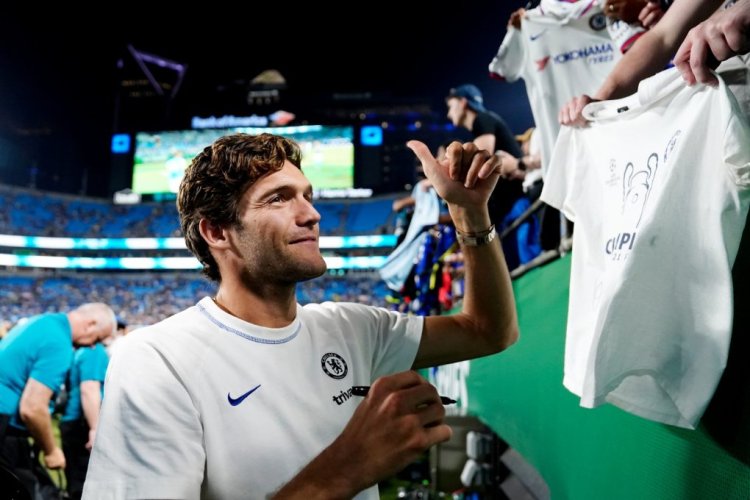 CHARLOTTE, NORTH CAROLINA - JULY 20: Marcos Alonso of Chelsea greets fans after the Pre-Season Friendly match between Chelsea FC and Charlotte FC at Bank of America Stadium on July 20, 2022 in Charlotte, North Carolina. (Photo by Jacob Kupferman/Getty Images)