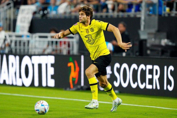 CHARLOTTE, NORTH CAROLINA - JULY 20: Marcos Alonso of Chelsea runs with the ball during the Pre-Season Friendly match between Chelsea FC and Charlotte FC at Bank of America Stadium on July 20, 2022 in Charlotte, North Carolina. (Photo by Jacob Kupferman/Getty Images)