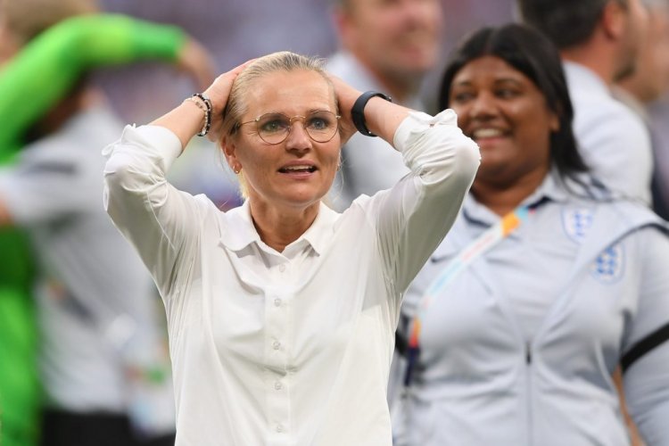 LONDON, ENGLAND - JULY 31: Sarina Wiegman, Manager of England celebrates following her team's victory in the UEFA Women's Euro 2022 final match between England and Germany at Wembley Stadium on July 31, 2022 in London, England. (Photo by Harriet Lander/Getty Images)