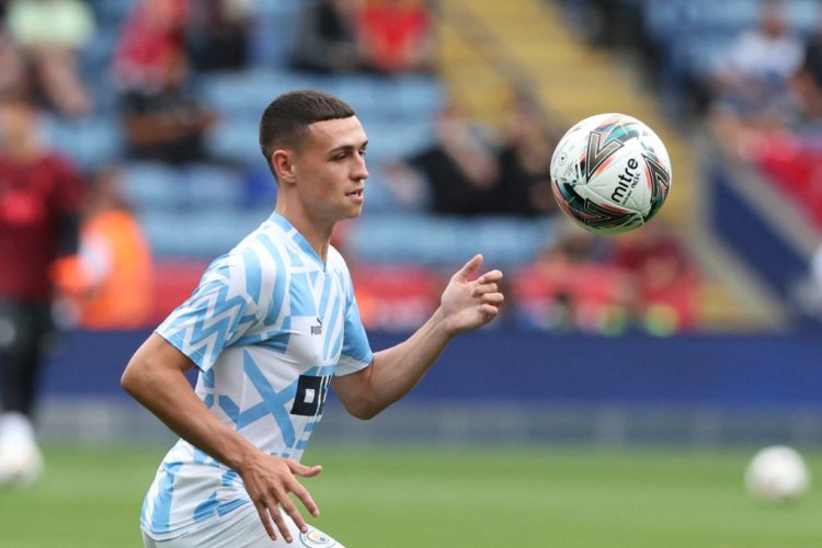 Manchester City's English midfielder Phil Foden warms up prior to the English FA Community Shield football match between Liverpool and Manchester City at the King Power Stadium in Leicester on July 30, 2022. (Photo by Nigel Roddis / AFP) (Photo by NIGEL RODDIS/AFP via Getty Images)