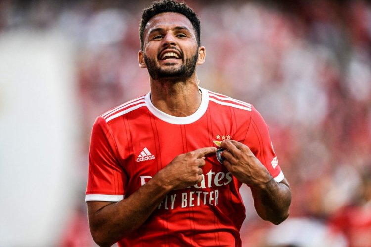 Benfica's Portuguese forward Goncalo Ramos celebrates after scoring during the UEFA Champions League third qualifying round  first leg football match between SL Benfica and FC Midtjylland at Luz stadium in Lisbon on August 2, 2022. (Photo by PATRICIA DE MELO MOREIRA / AFP) (Photo by PATRICIA DE MELO MOREIRA/AFP via Getty Images)